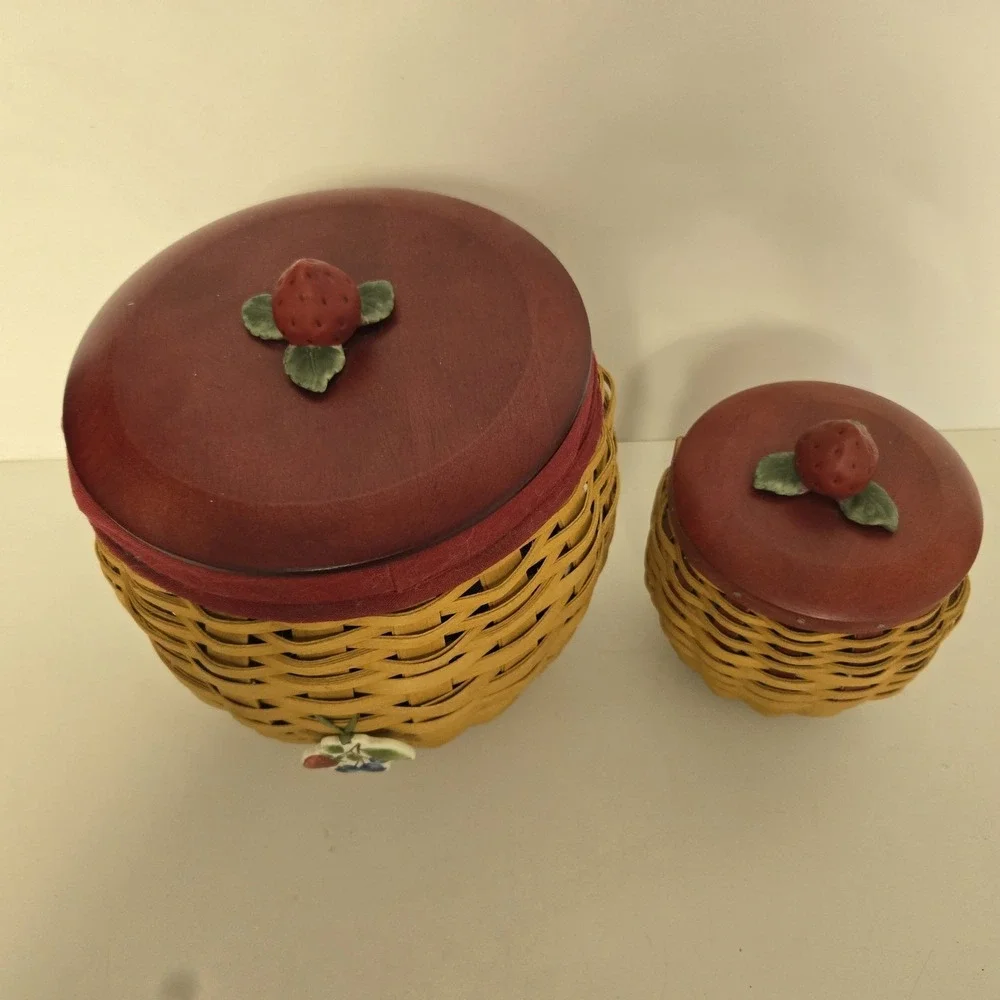 2pc Longaberger Large Small Strawberry Baskets Wood Lids Cannisters‎ Red NEW